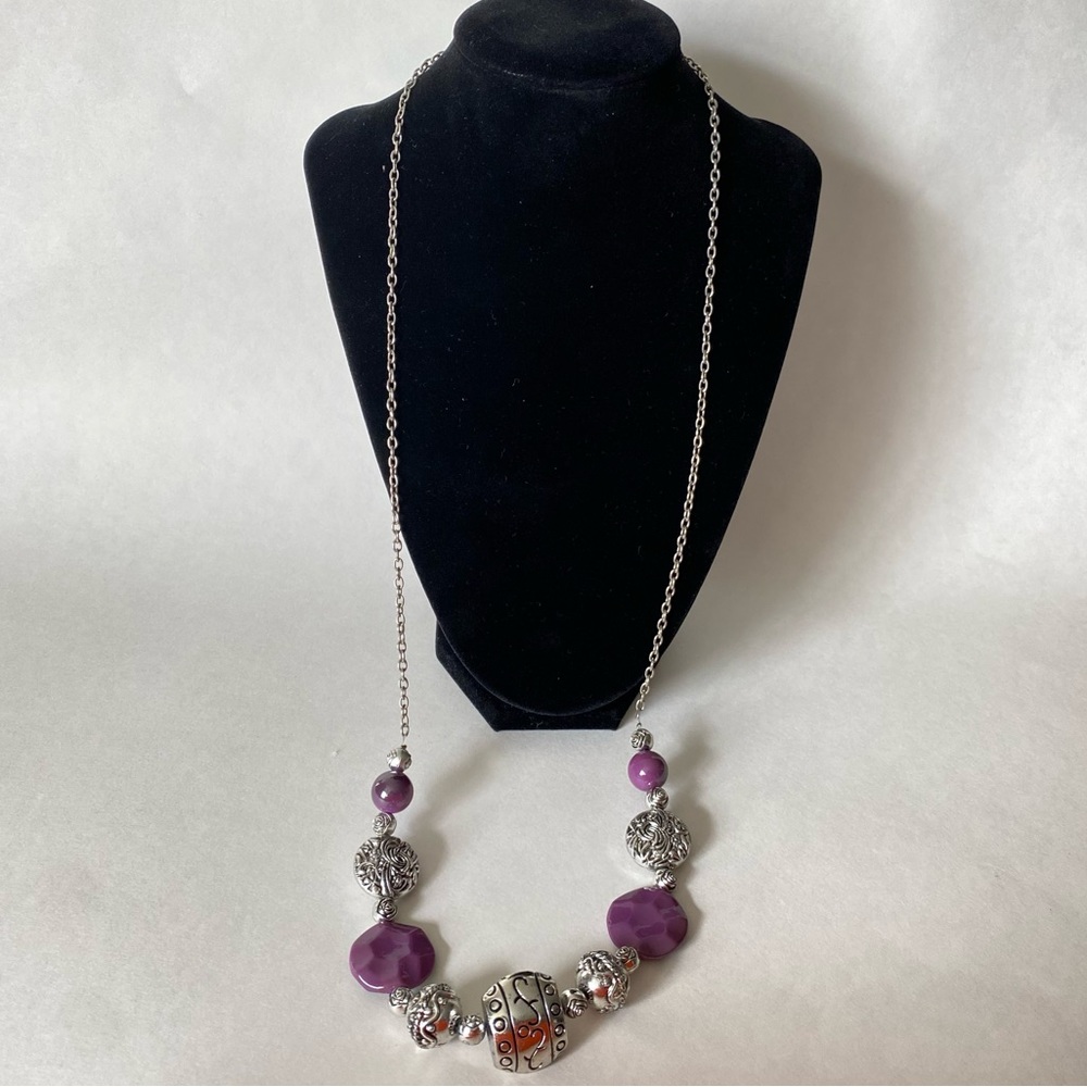 Purple and silver tone beaded long necklace